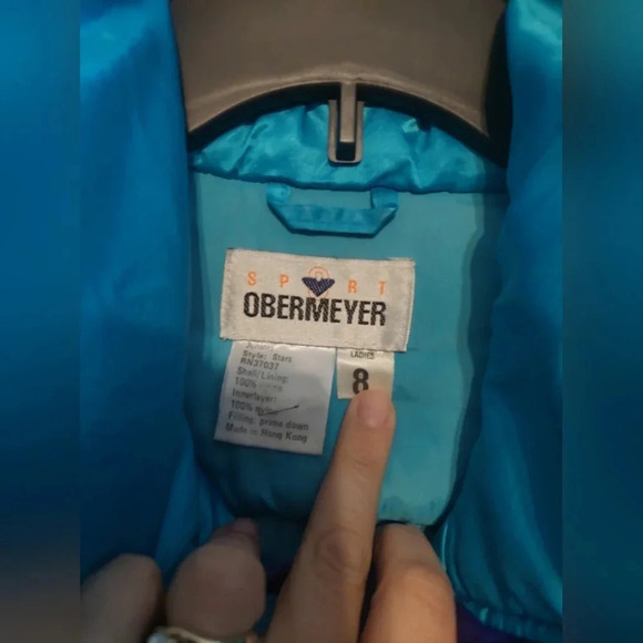 Obermeyer Vintage 80s Retro Purple/ Blue Colorblock Down Puffer Satin Jacket Ski - Picture 8 of 11